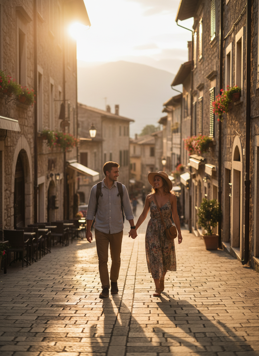 A couple traveling through Europe, walking together on a scenic cobblestone street in a charming old town, golden hour light, warm and cinematic mood, travel photography style