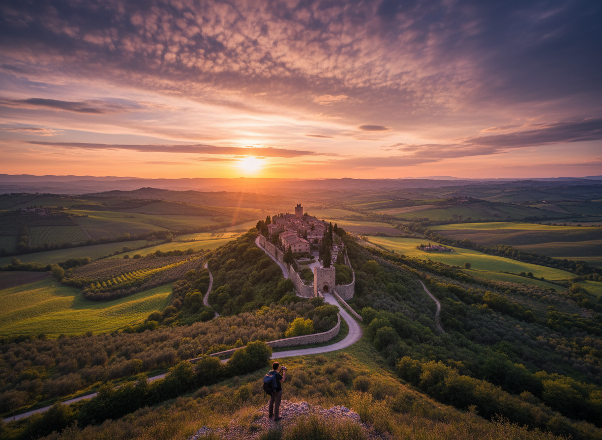 Breathtaking European landscape, rolling hills with a medieval hilltop village, dramatic sky with clouds, golden light, travel photography