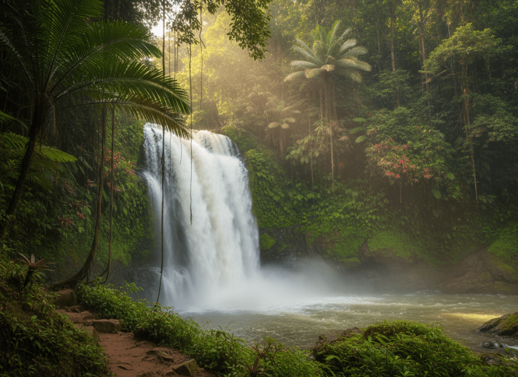 Cascading waterfall in a lush tropical rainforest, misty atmosphere, vibrant emerald greens, travel photography