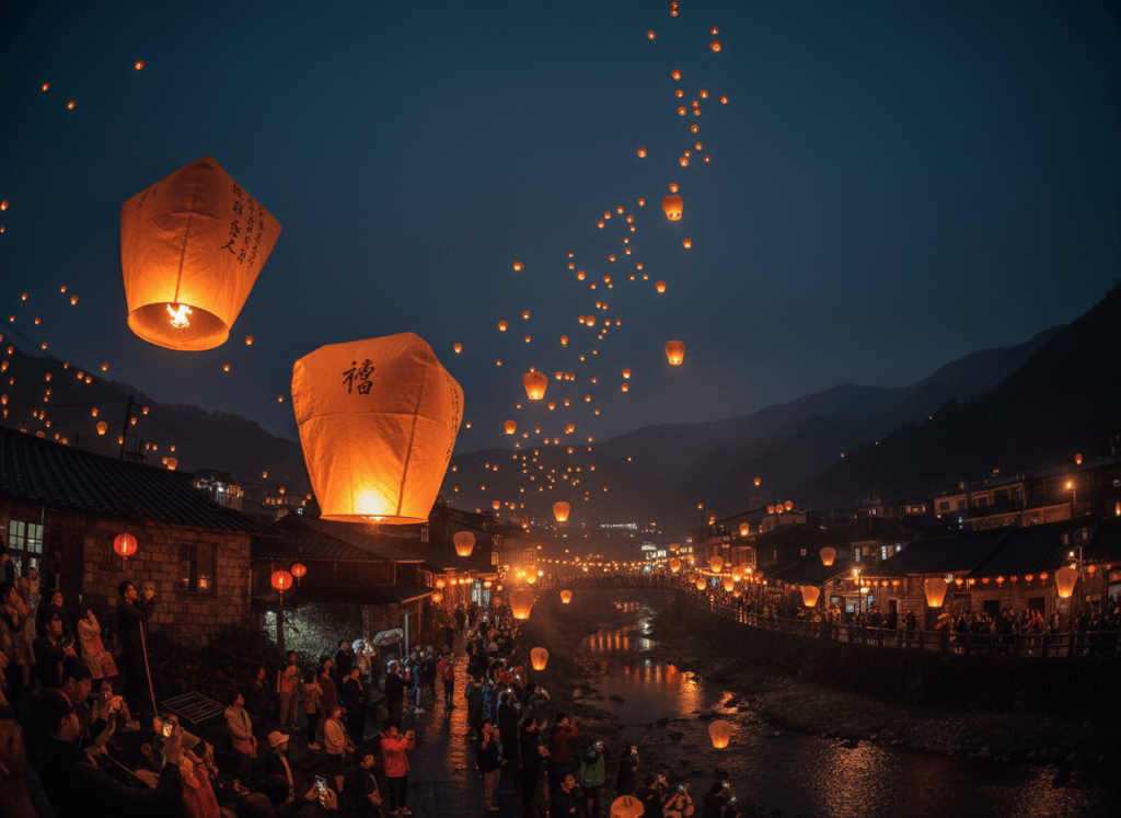 Traditional lantern festival in Taiwan with thousands of glowing lanterns rising into the night sky, magical atmosphere, Asia travel photography