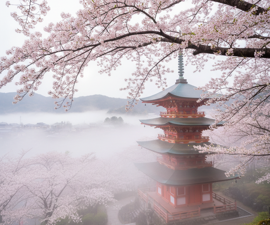 Cherry blossom tree in full bloom framing a traditional Japanese pagoda in spring mist, Kyoto, landscape travel photography